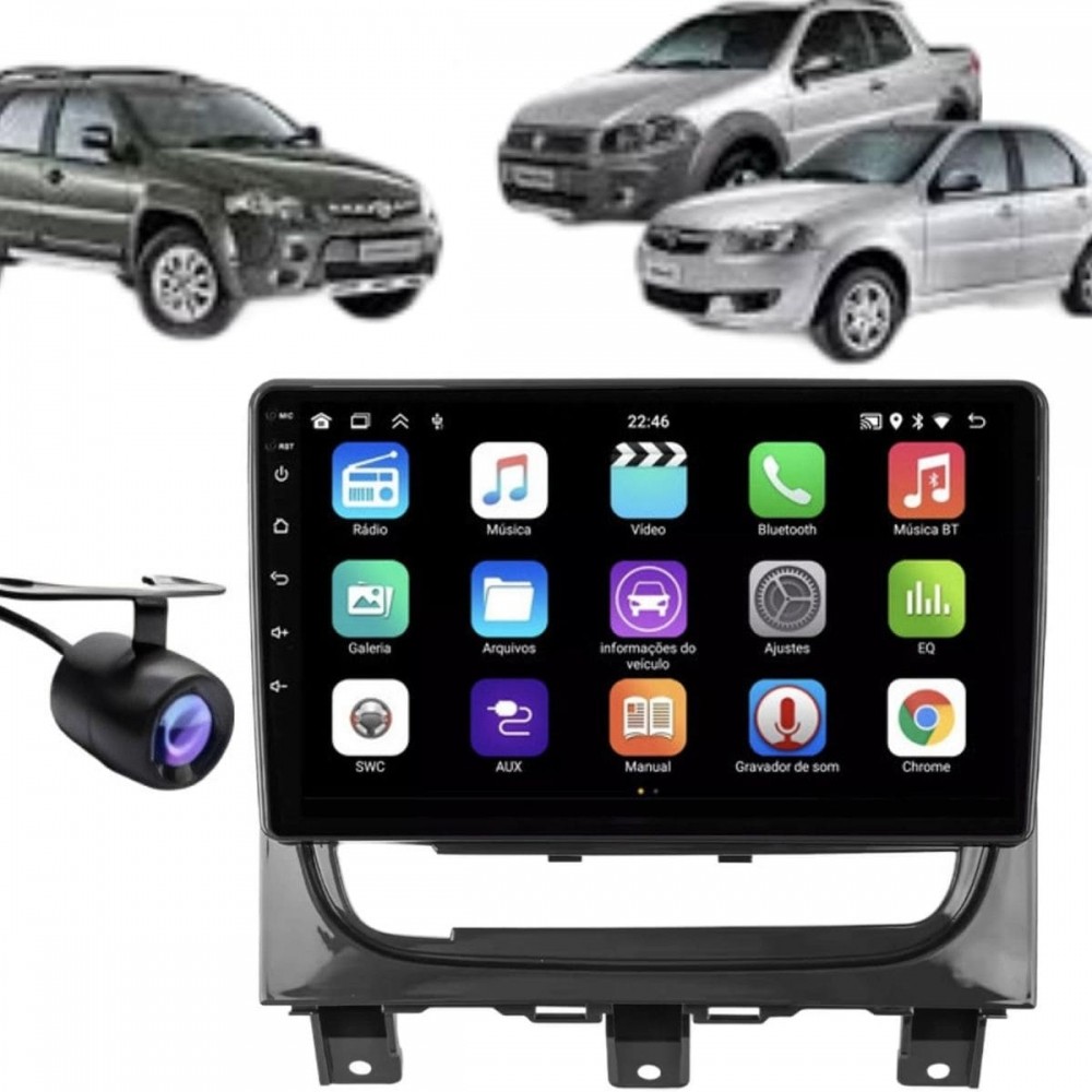 Central Multimídia Android 2 Din Fiat Palio Moldura 9" Câmera Ré Cinza