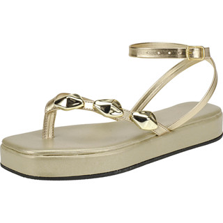 Sandália Rasteira Feminina com Pedrarias Douradas e Plataforma em Oferta na Shopee