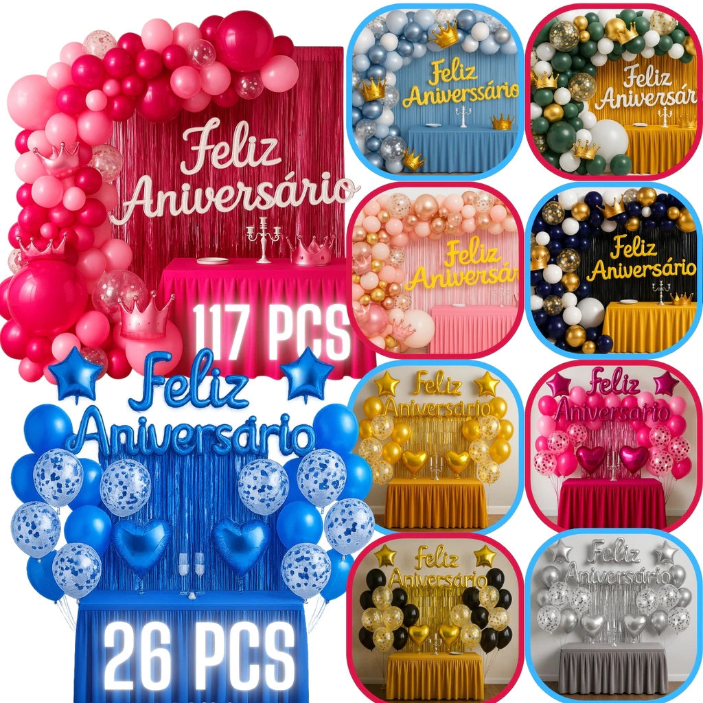 Kit 117 Pcs Balão Feliz Aniversario Cortinas Toalha Bexigas Festa Decoração Enfeite Happy Birthday em Oferta na Shopee