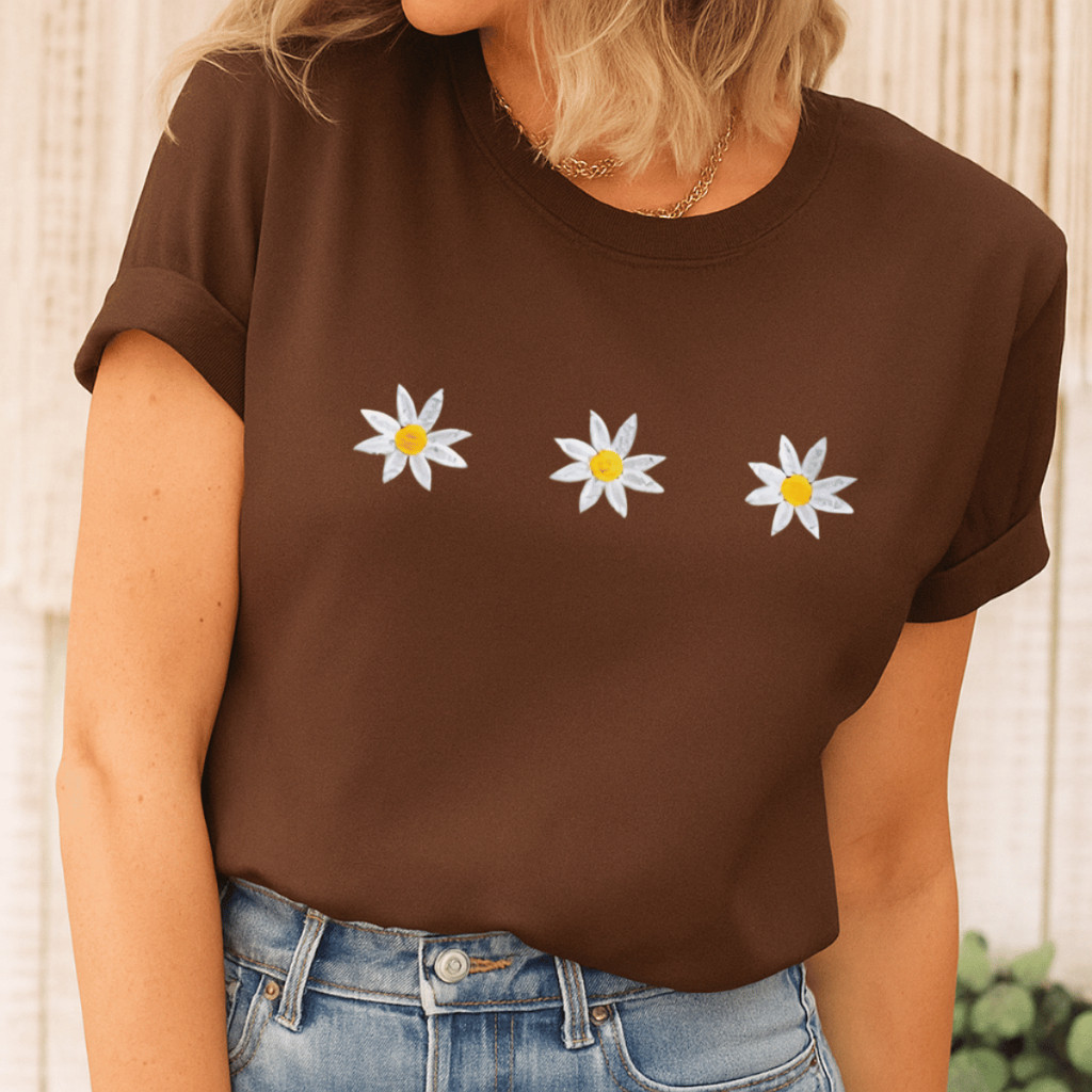 Camiseta Margarida Girassol Algodão Camisa Tecido Confortavel