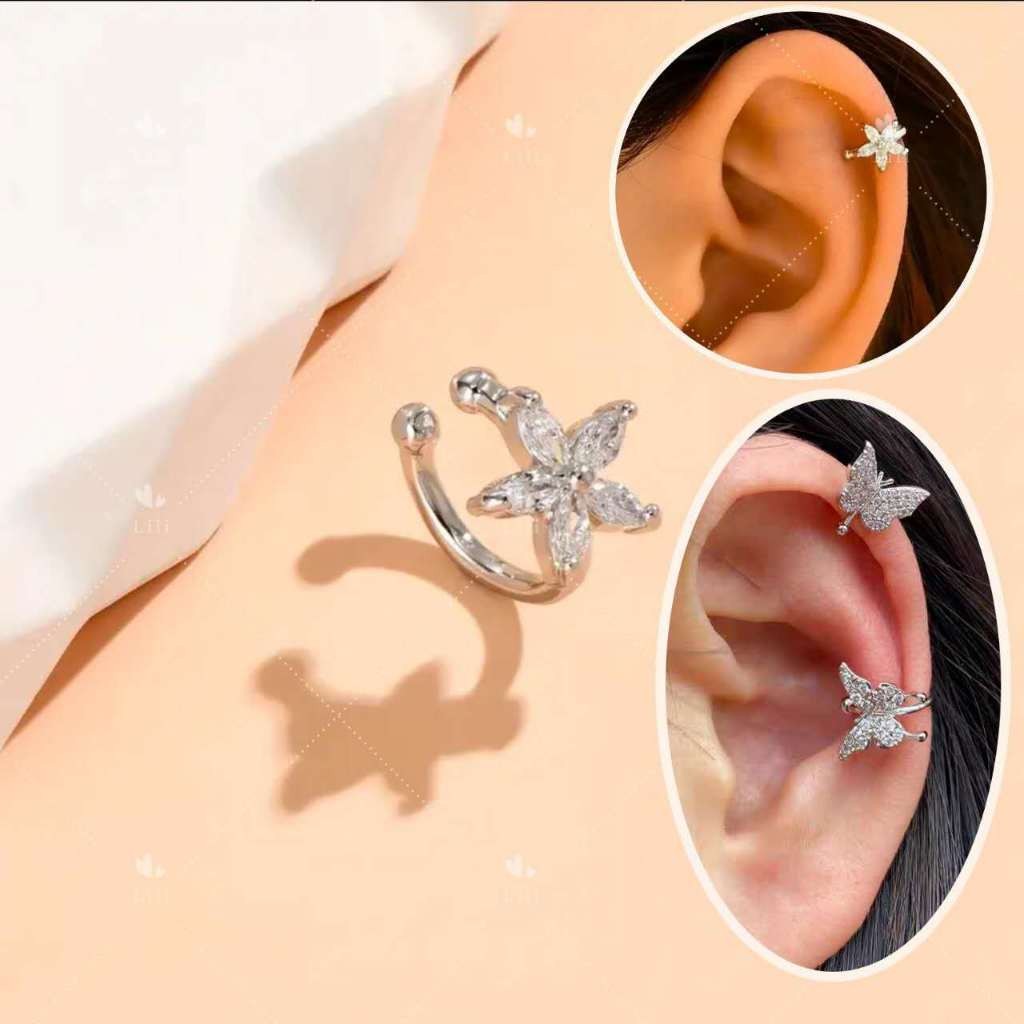2 Pecas de Brincos de Clip Flor/Borborletas de Cristal Sem Furo