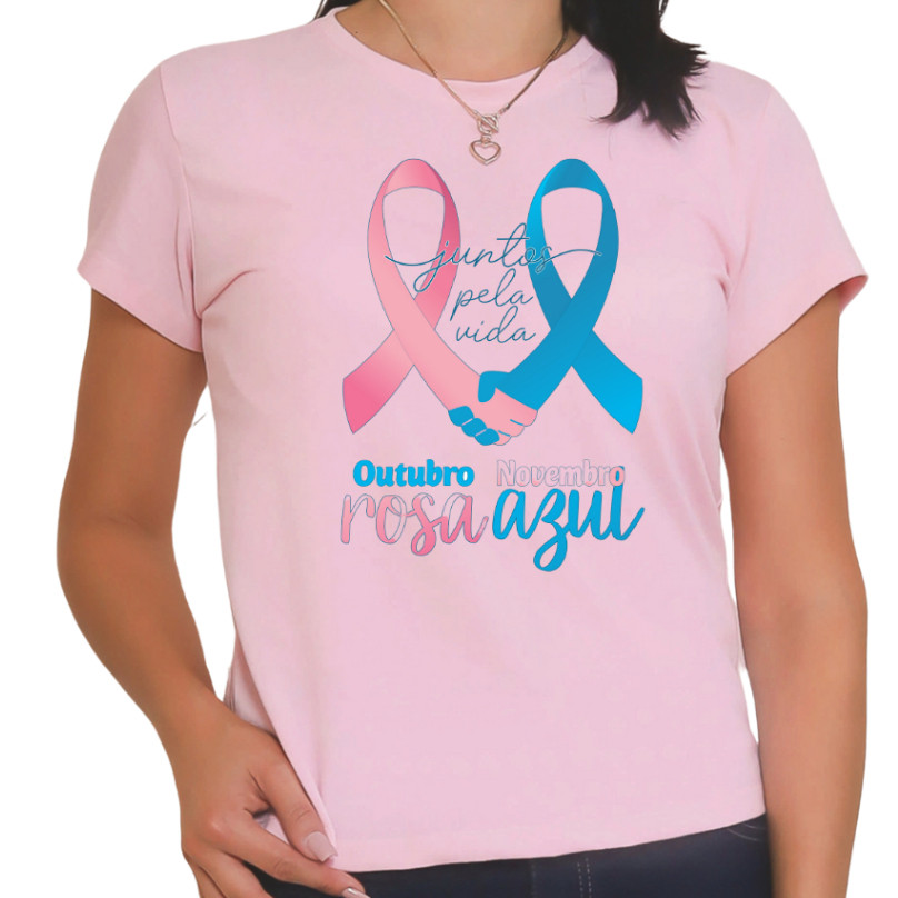 Camiseta Rosa Campanha Outubro Rosa e Novembro Azul - Juntos pela Vida