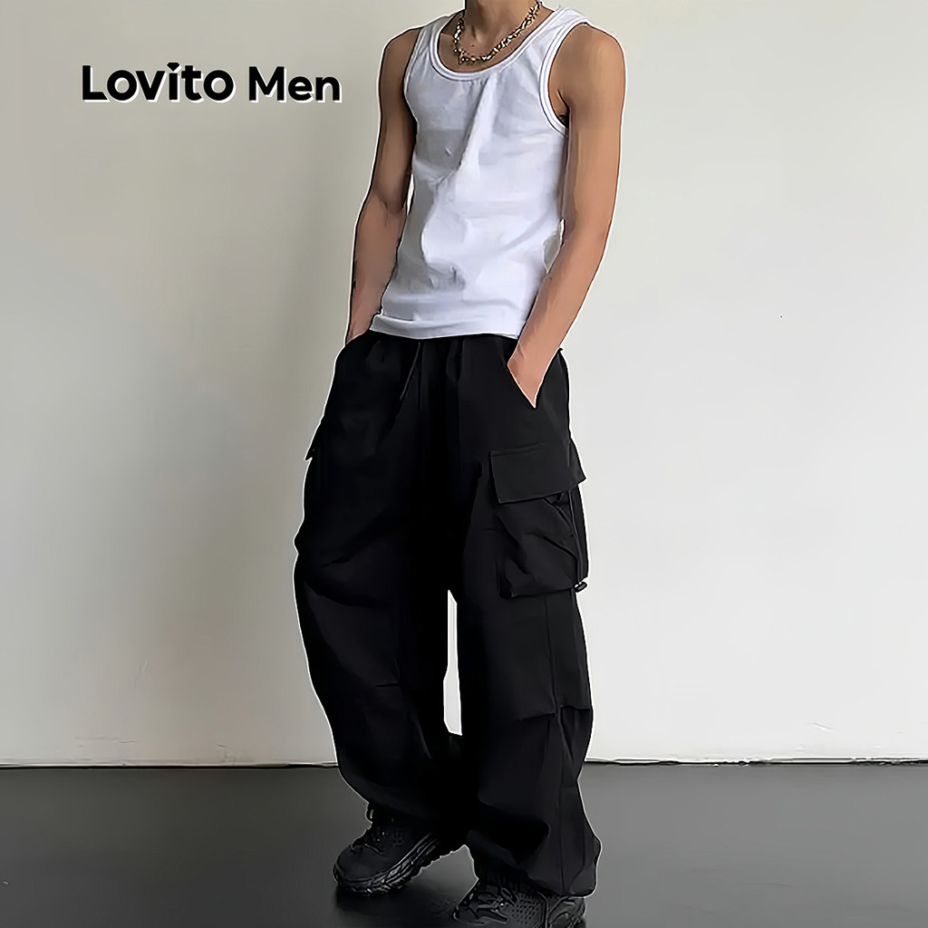 (NEW) Lovito Estrutura de Bolso de Carga Casual com Linha de Amarração para Todas As Estações em Preto Cargo LNE118052 em Oferta na Shopee