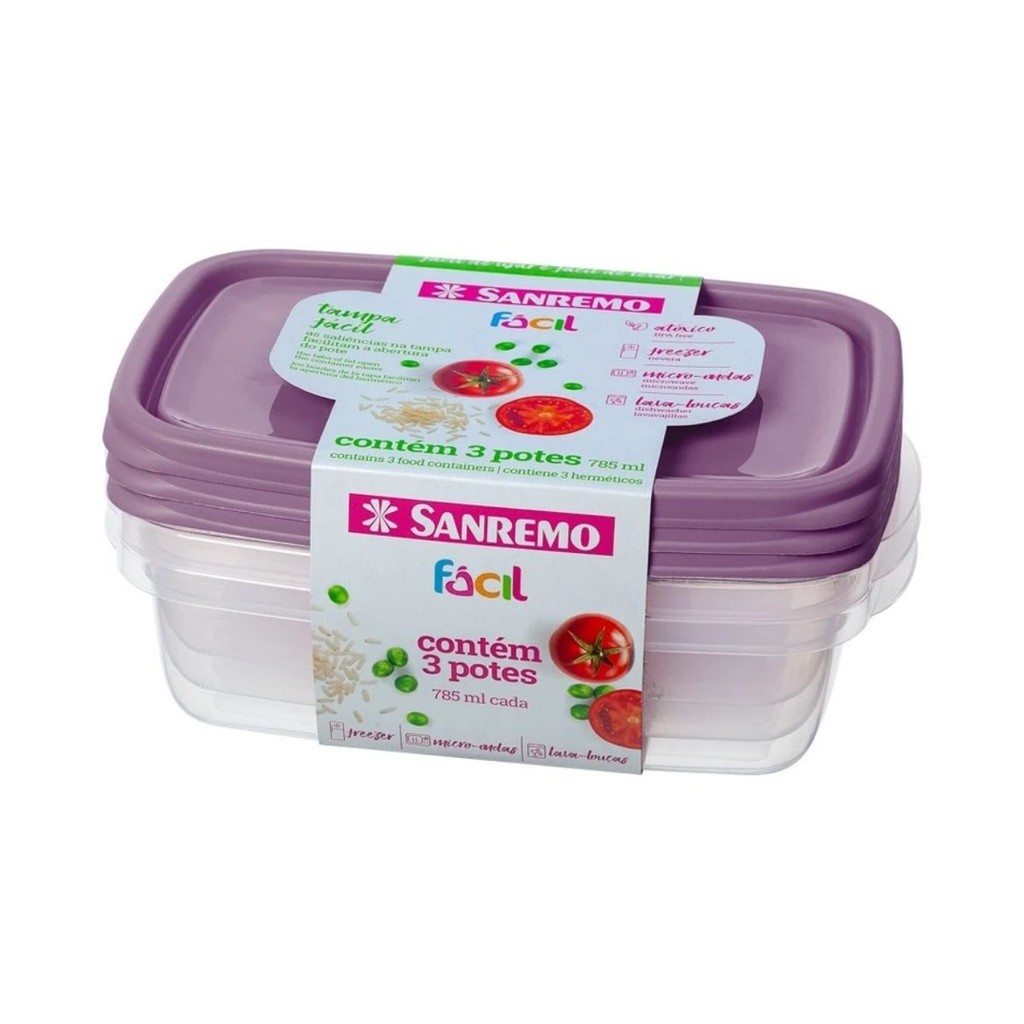 Jogo de Potes com 3 Unidades Sanremo 785ml Hermético Rosa Transparente Mantimento Marmita Comida Kit