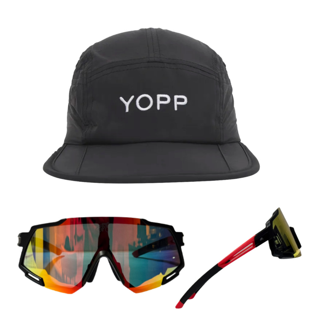 Boné Esportivo Five Panel Yopp Preto + Oculos Ciclismo Corrida Pesca Com 3 lentes Polarizado e Estojo