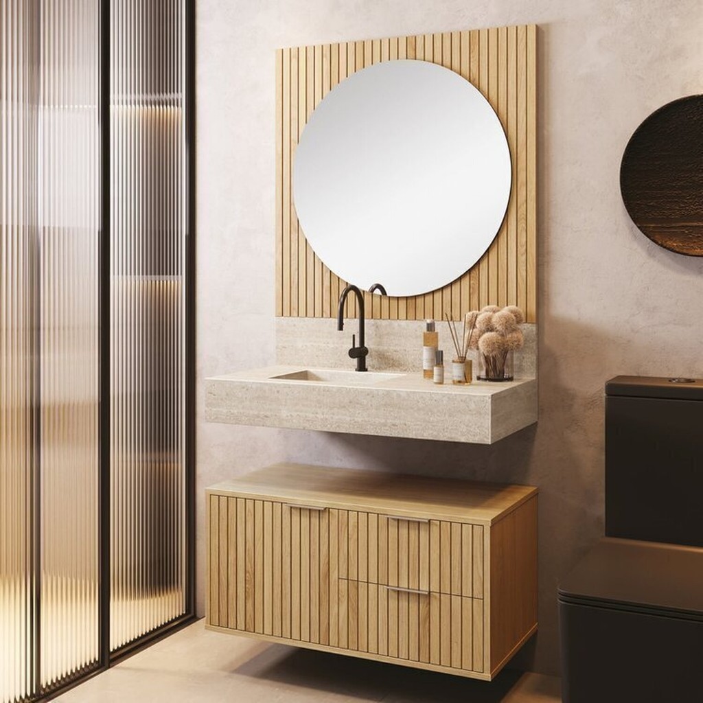 Conjunto para Banheiro Bancada em Porcelanato com Cuba Esculpida, Armário e Espelho Ripy 80cm Amarelo em Oferta na Shopee