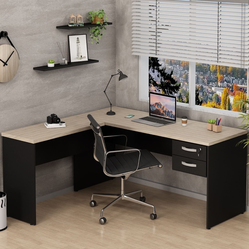 Escrivaninha Mesa Escritório em L 160x150cm com Gaveta Carvalho em Oferta na Shopee