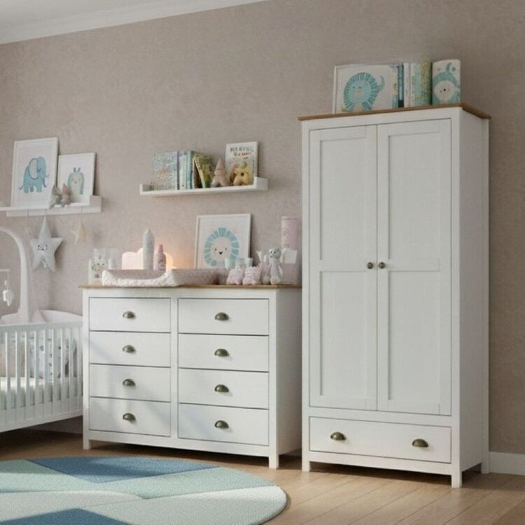 Conjunto Infantil Guarda-Roupa 2 Portas e Cômoda 8 Gavetas 100% Madeira Maciça - Topázio Finestra Branco