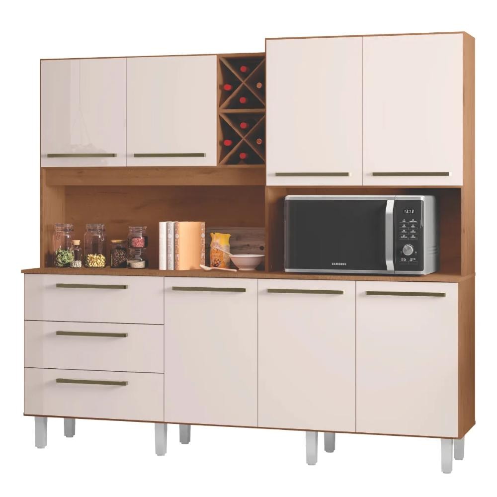 Armário de Cozinha Completa Com Adega 7 Portas 3 Gavetas 2,07m Ajax Nature / Off White Zanzini