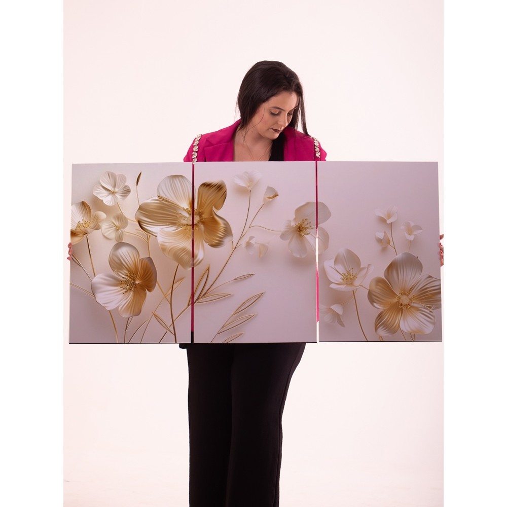 Quadro Triplo Decorativo Floral 3 Peças Painel com Flores Brancas e Douradas Sala Quarto Escritório