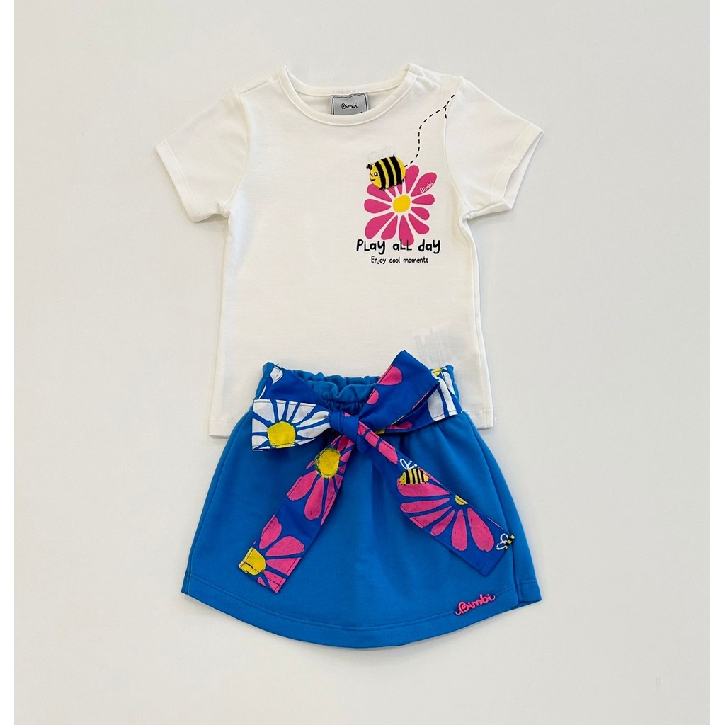 Conjunto Infantil Bimbi Blusa Branca Estampa Neon e Short Saia Azul