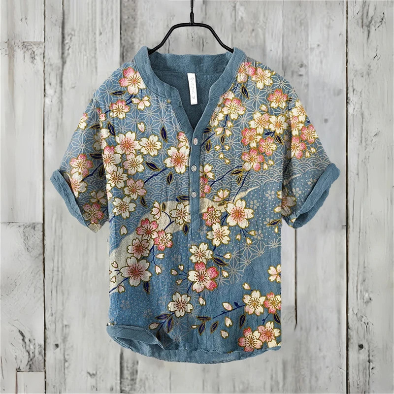 Camisa Curta De Verão Masculina Havaiana Impressa POLO Vintage Flor Moda Casual Férias Top Masculino