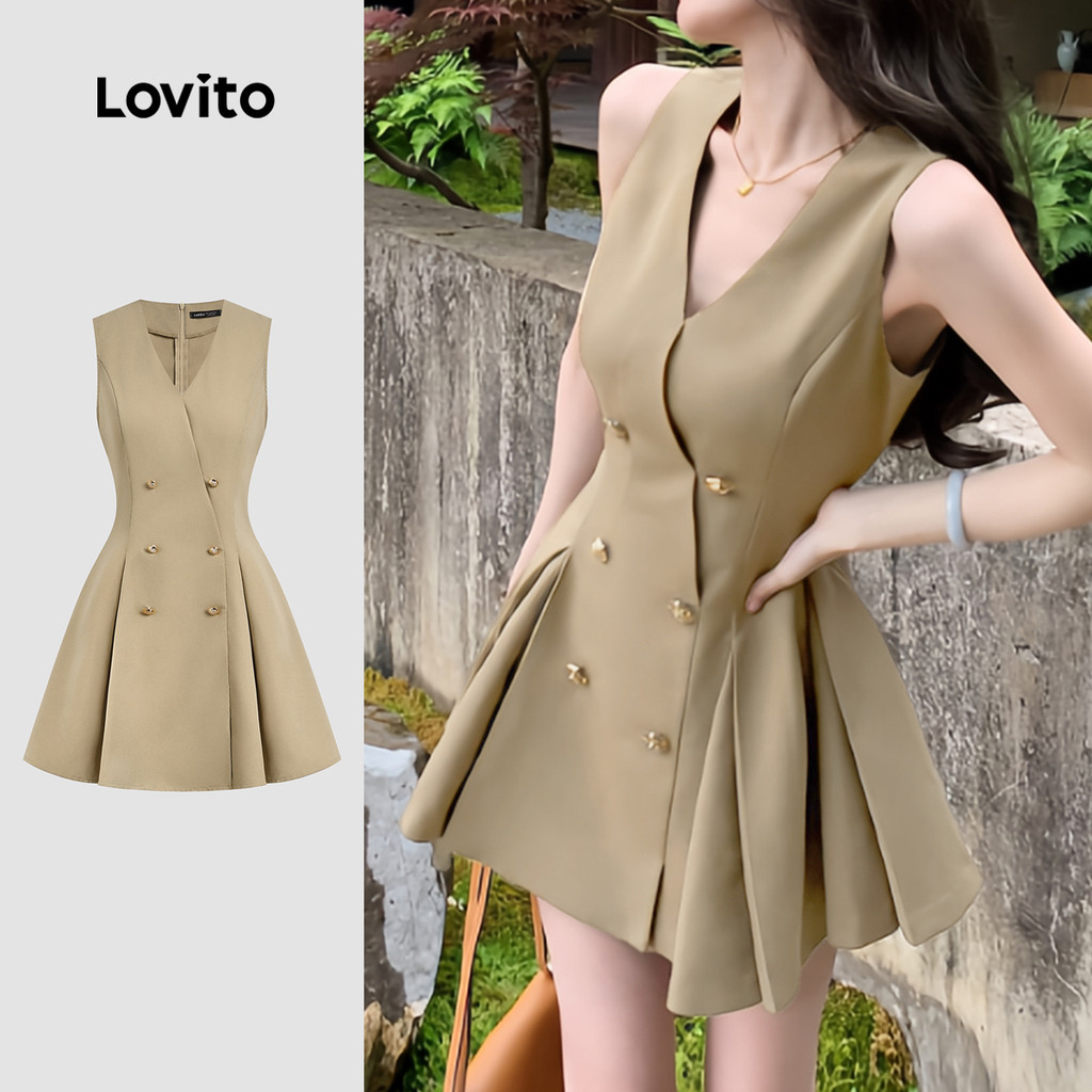 Lovito Vestido Cáqui Elegante Plissado Liso Verão Primavera Para Mulheres L132ED093 em Oferta na Shopee