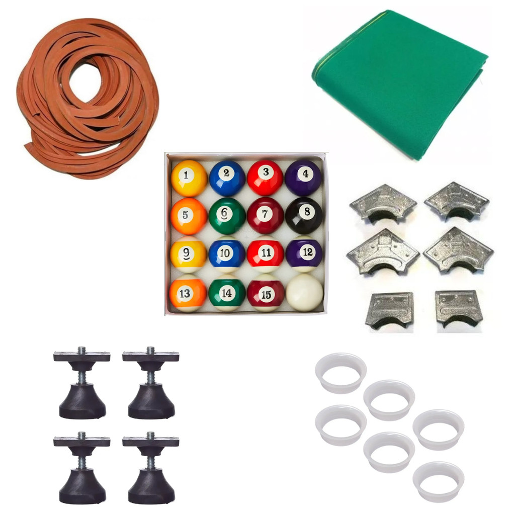 kit Sinuca Reforma Pano Tecido Bola Pé Nivelador  Caçapa Borracha Bilhar Snooker