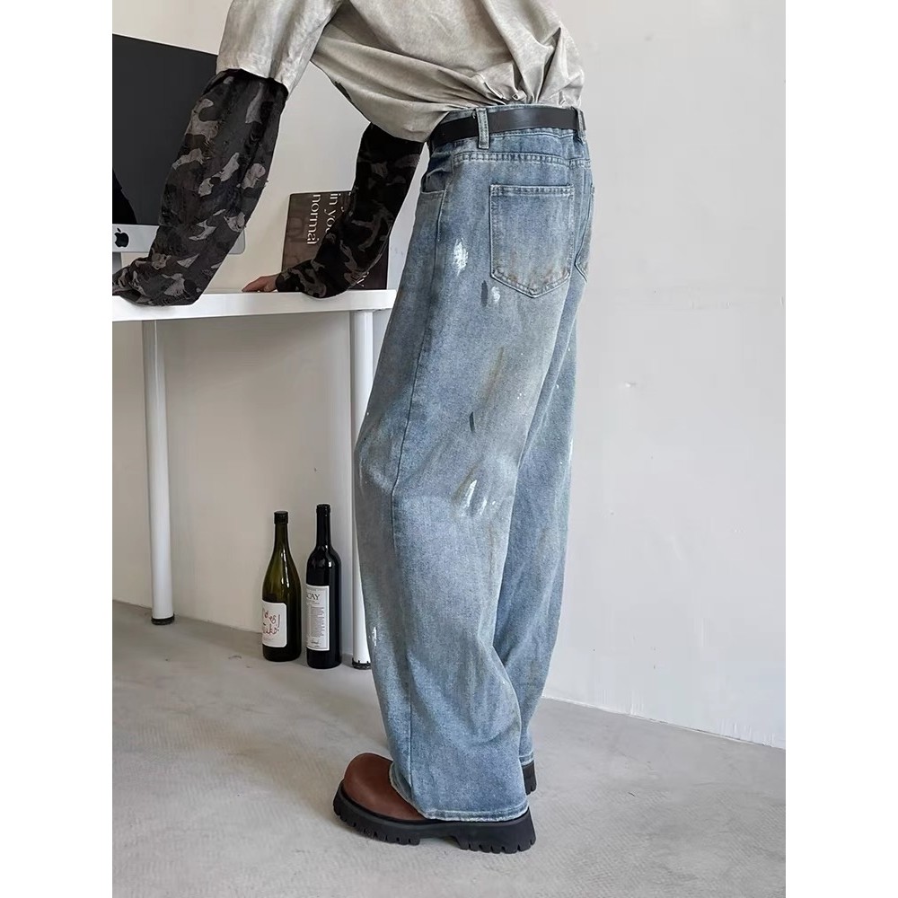 Americano Retro lavado respingo tinta rasgado Jeans cleanfit street Wear rufião bonito frito calças de rua masculino cal