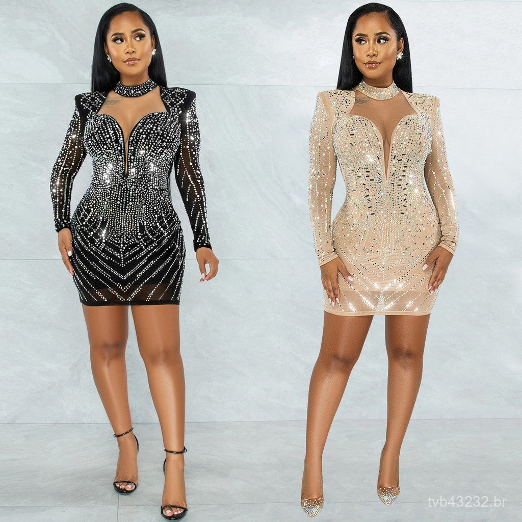 Fio Sexy noite europeu americano transparente vestido quente loja on-line festa moda x5385 profundo v diamante roupas fe
