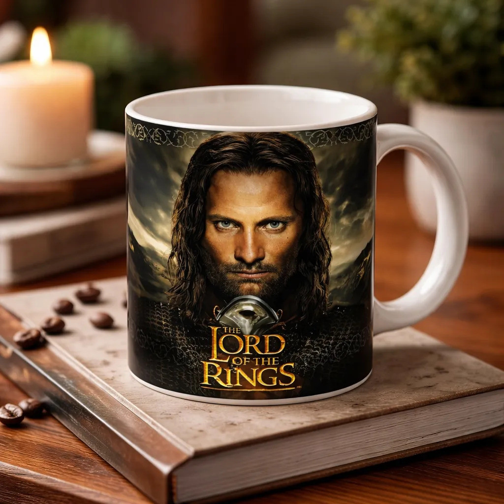 Caneca O Senhor Dos Anéis Aragorn Legolas Gollum Sauron Branco Aragorn