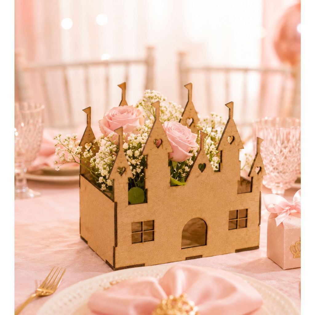Kit Centro de Mesa Castelo Princesa MDF Cru Festa Infantil Cachepô Lembrancinha Decoração Aniversário Mesa Provençal