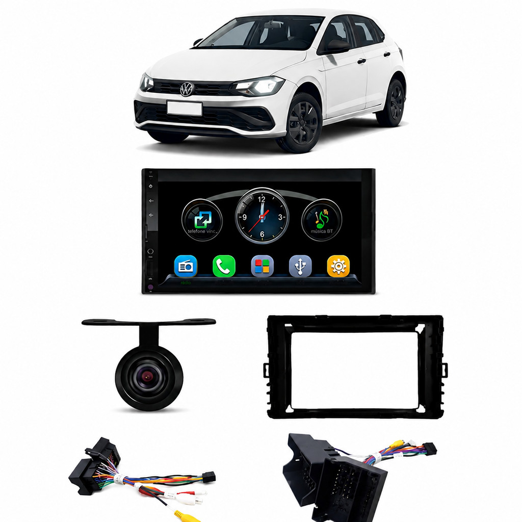 Kit Multimídia MP5 Polo 2017/2026 Carplay 7" Rs7007BR Roadstar + Moldura + Camera de ré