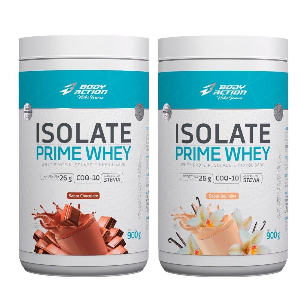 Kit 2x Isolate Prime Whey Isolado e Hidrolisado 900g Cada Bodyaction - Chocolate + Baunilha