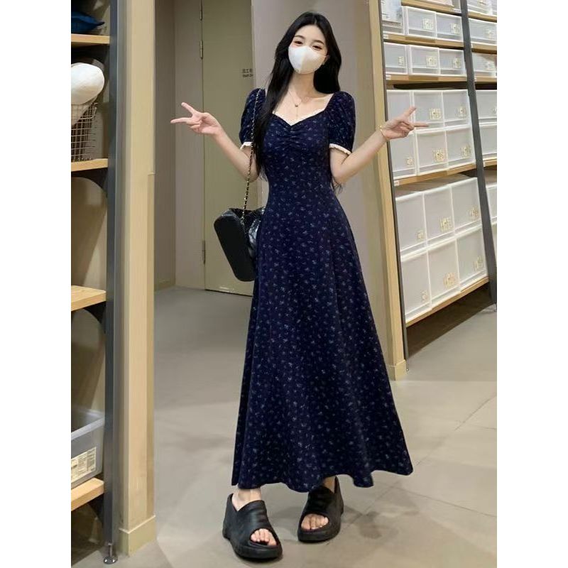 Francês doce picante renda pescoço quadrado manga Puff vestido Floral feminino verão versão coreana elegante Retro cintu