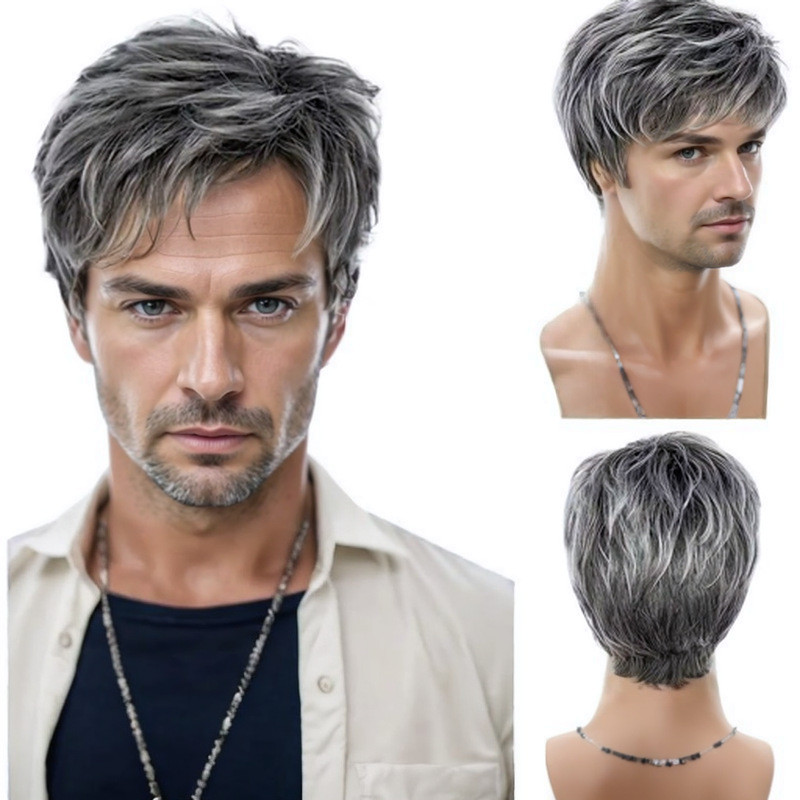 Peruca de cabelo reto peruca curta europeia americana masculina cabelo reto cinza gradiente cabelo curto atacado bonito