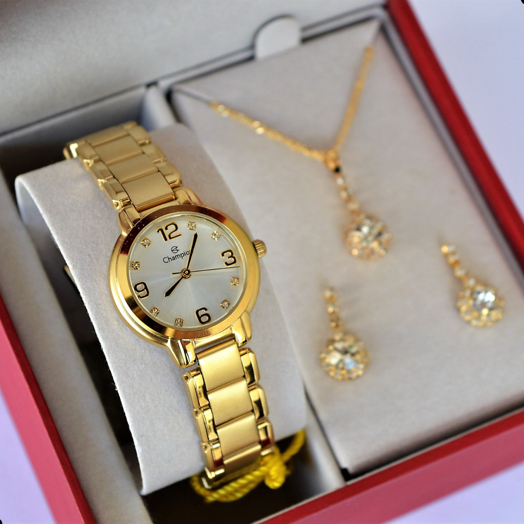 RELOGIO CHAMPION FEMININO PEQUENO DOURADO CN28419W + KIT SEMI JOIA