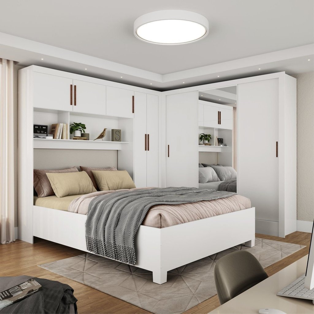 Guarda-Roupa Casal Modulado 5 Portas com Cama Santiago 3 Portas Plus 5 Gavetas com Espelho Branco Branco
