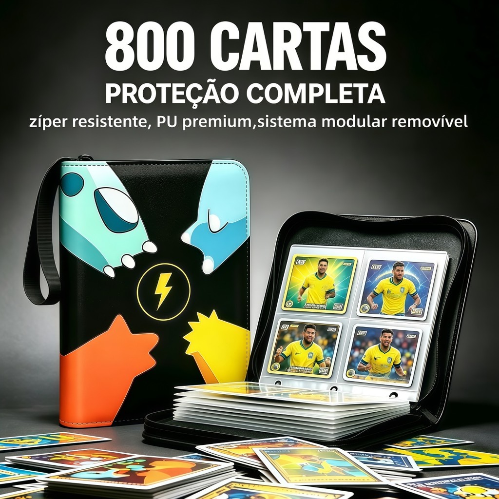 Álbum Fichário 800 Cartas TCG Colecionável Pokémon YuGiOh Magic PU Zíper Pasta Porta Cartas Oficial