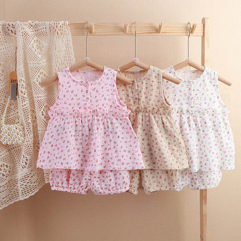 Marca menina Floral saia Shorts terno menina bebê macio bonito confortável respirável dupla camada algodão gaze pijamas