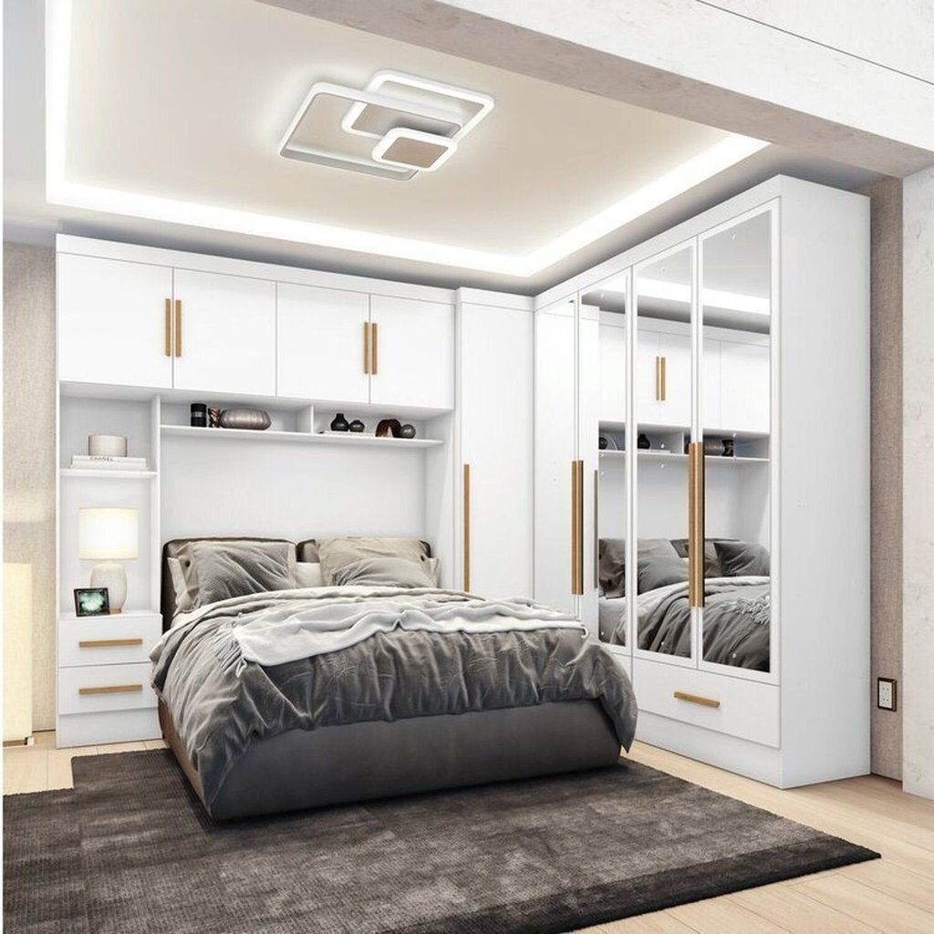 Quarto Modulado Casal 100% MDF 4 Peças 5 Portas 4 Gavetas com Maleiro e Espelhos Smart Plus Yescasa Branco Branco