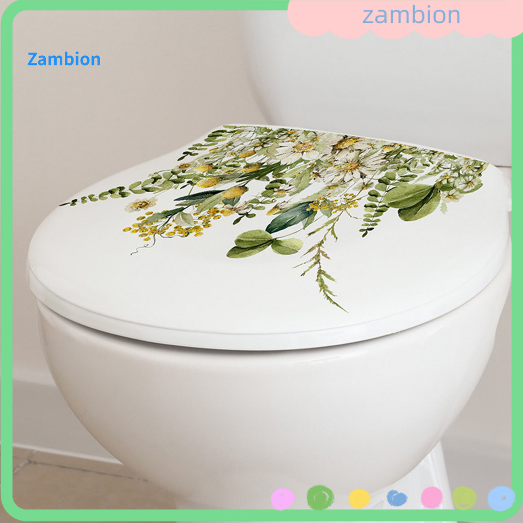 Toilet Lid Sticker Waterproof Self-adhesive Decal – Removable Diy Green Plant Leaves Flowers Design for Bathroom Seat