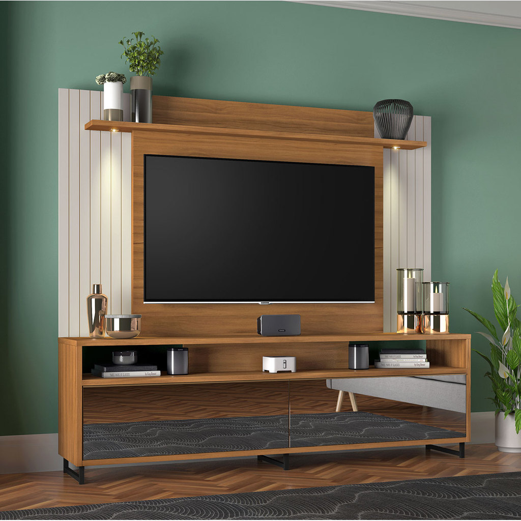 Home Theater Colorado Moderno Para Sala TV de 55 Polegadas 2 Gavetas com Espelho Freijó com Off White - MoveisAqui