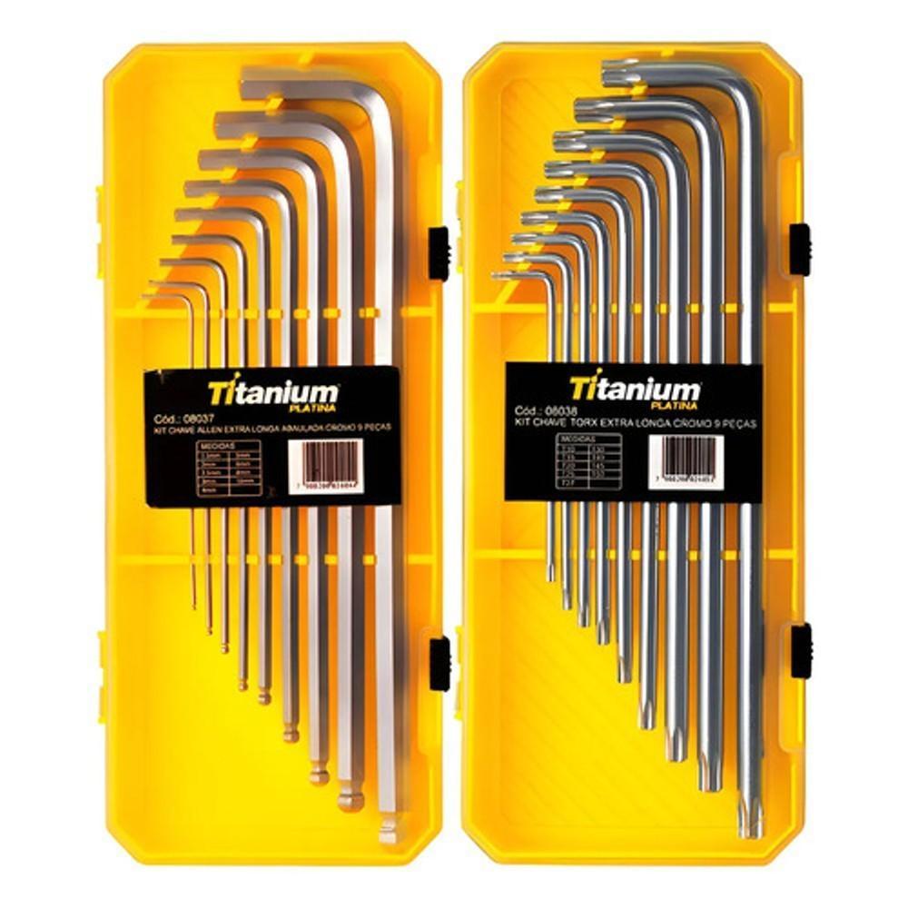 Kit Chaves Allen + Torx Extra Longa 18 Peças Titanium Platina CRV – Profissional e Alta Precisão