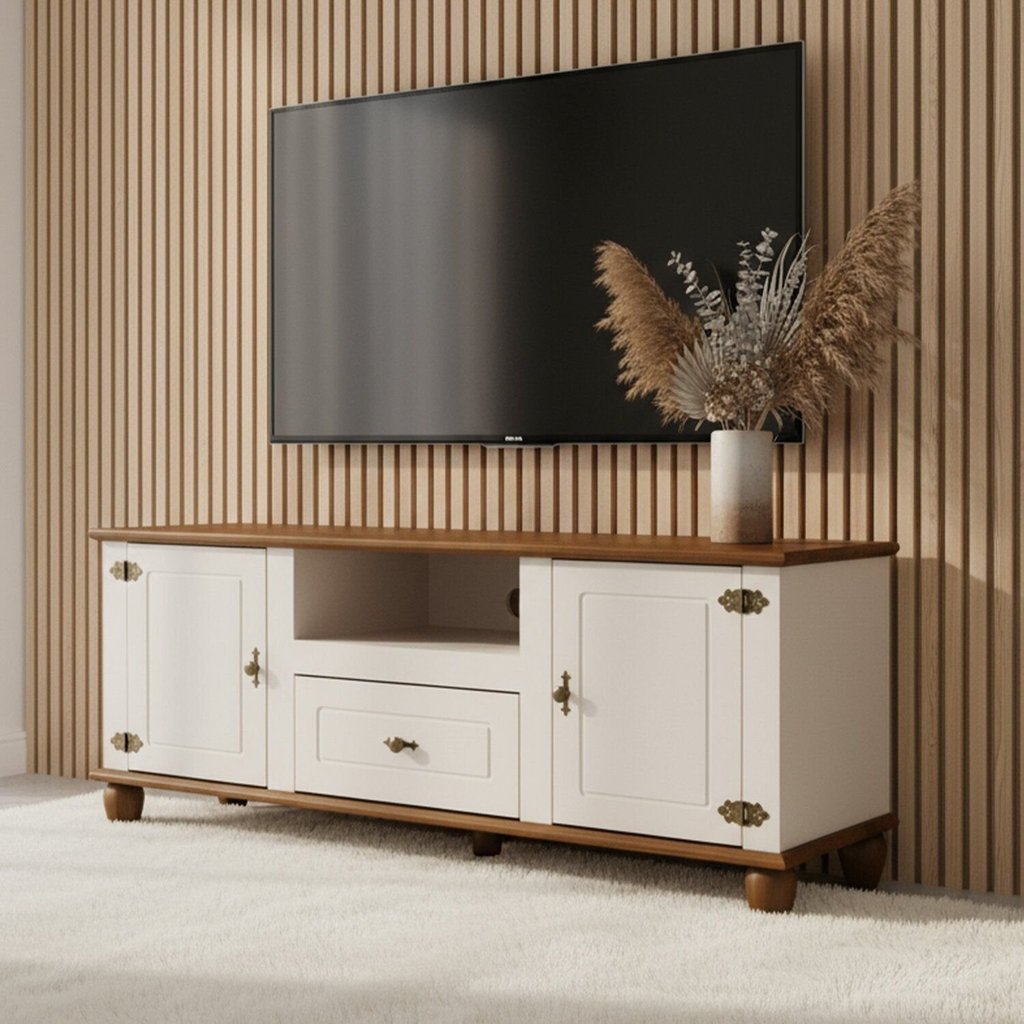 Rack para TV até 55 Polegadas 100% MDF 150cm Pés em Madeira Maciça 2 Portas 1 Gaveta Tampo Base Joy