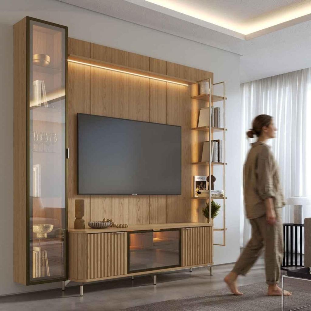Estante para TV até 75 Polegadas com Prateleiras e Cristaleira Vidro Reflecta 100% MDF com Led Neon Float 254cm