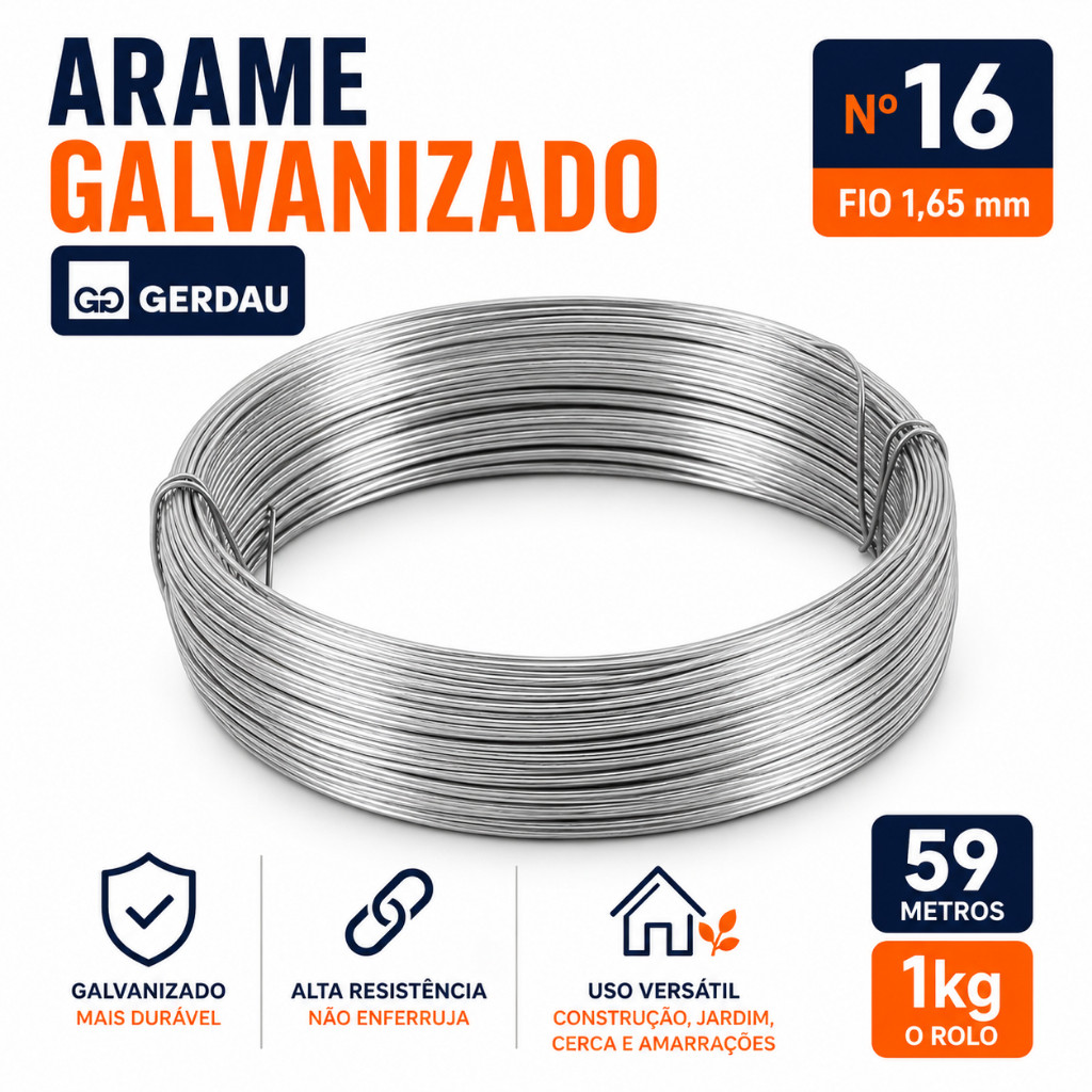 Arame Galvanizado Gerdau N16 fio1,65 mm Rolo com 59MT 1kg para Cercas e amarrações Construção Jardim