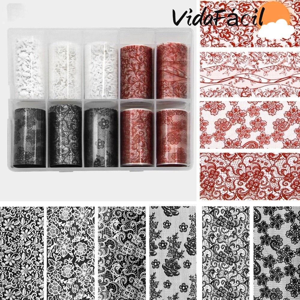 Folhas De Unhas Perfumadas , Adesivos Brancos Pretos Com Design De Renda Arte Efeito De Lantejoulas Holográficas A Laser