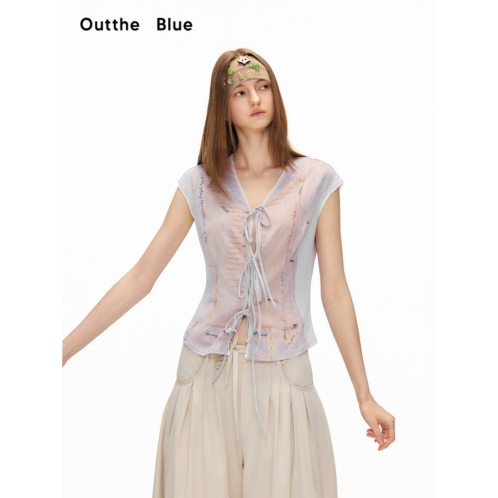 Outtheblue < Time Notebook} Verão novo estilo estampado manga Raglan com cadarço e decote em V camisa cardigã pequena
