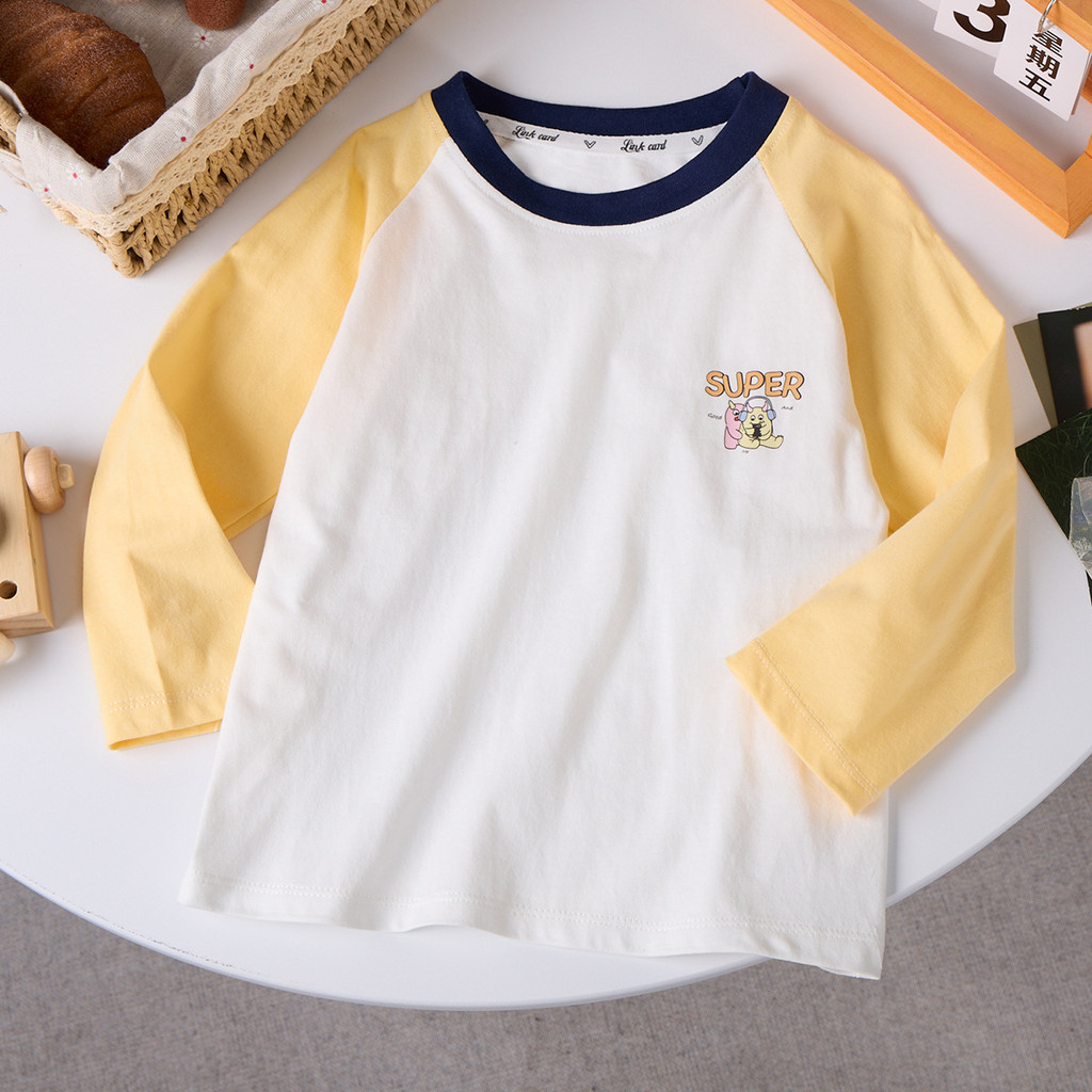 Camiseta infantil de algodão puro classe a de manga comprida 2026 primavera outono novo estilo bebê desenho animado Ragl