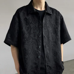Camisa masculina de gola alta, estilo chinês, com manga curta ou manga três-quartos, bordada com padrão paisley, preta,