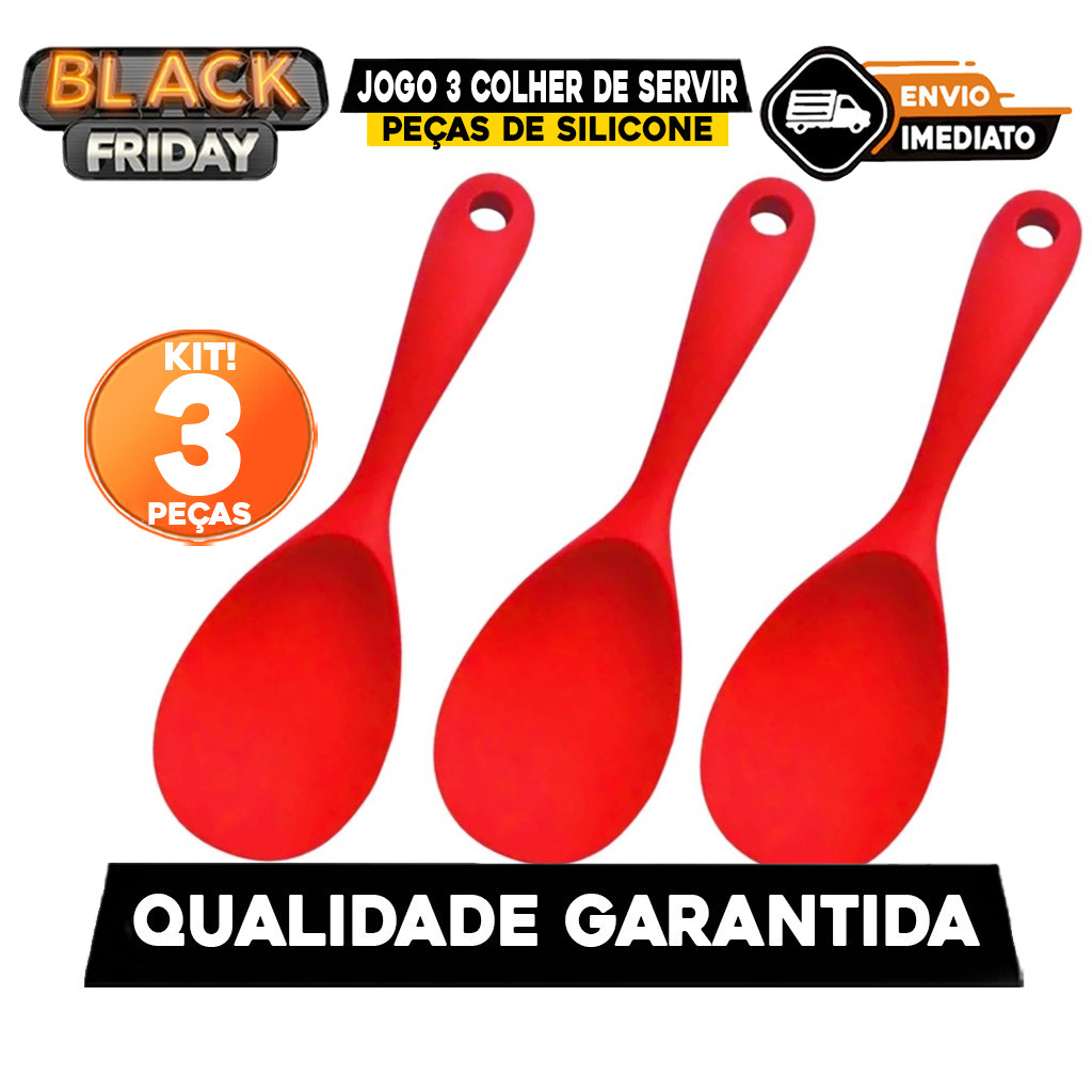 Kit 3 Colher de Servir Silicone Arroz Utensílio Antiaderente Multiuso Preparar Não Risca Panela