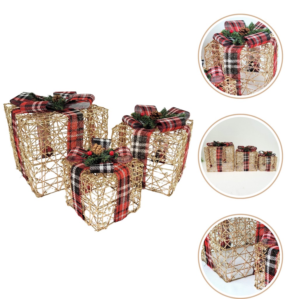 Kit 3 Caixa De Presente Aramada Dourada Decoração Natal