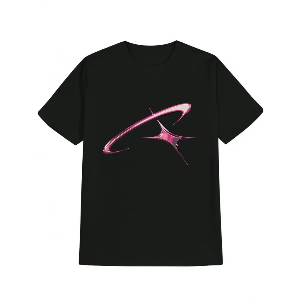 Camiseta Casual Masculina com Estampa Gráfica - Preta com Estampa Abstrata Rosa, Gola Redonda, Manga Curta