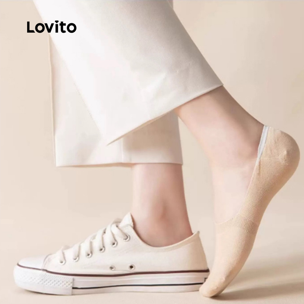 Detalhes do Lovito Meias Casuais Com Cores Contrastantes Meias Básicas Invisíveis Para Mulheres L26ad157 (conjunto De 4 Peças)