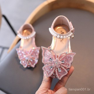 2-18 Anos Sapatos Infantis Bonitos Meninas Borboleta Flats Bling Blilng Diamante Laço Sapatos Planos de Couro Macio QRJC