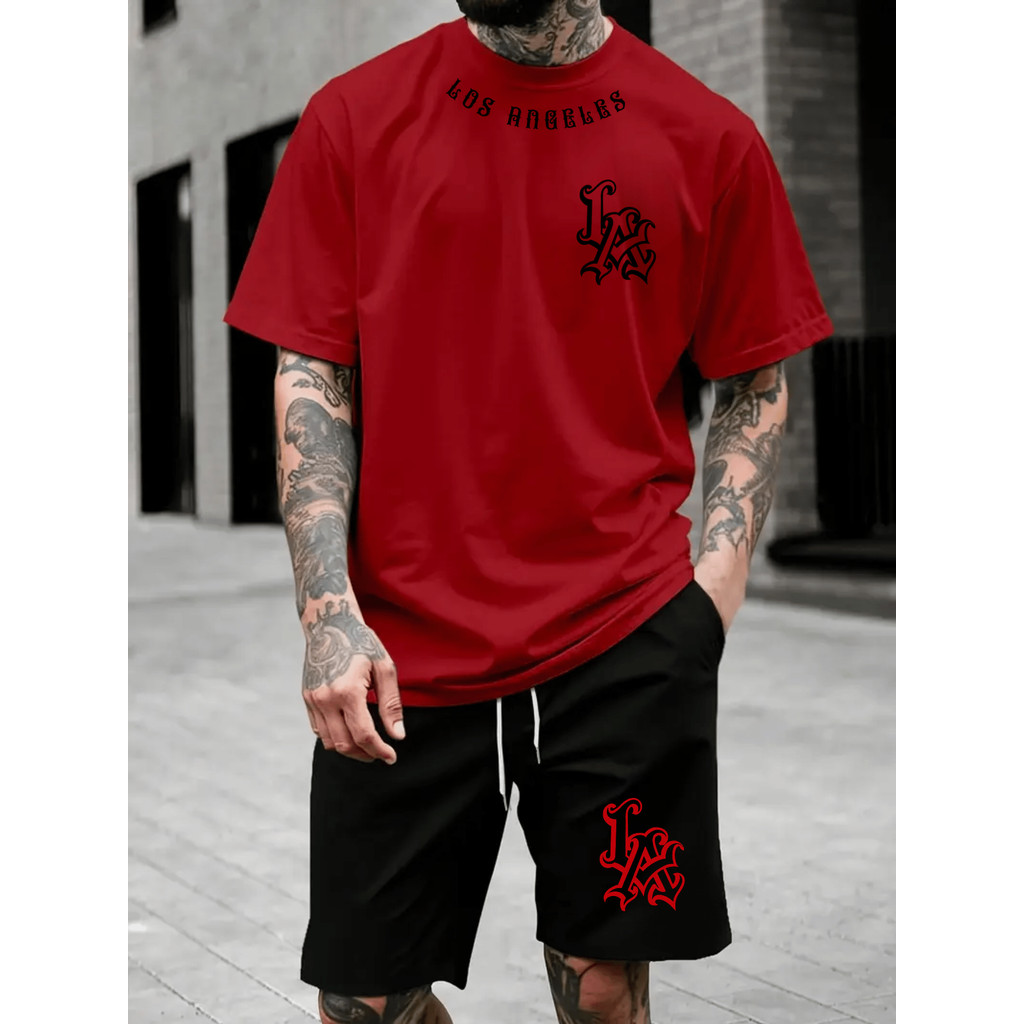 Conjunto Streetwear LA Los Angeles Vermelho Camiseta Camisa 100% Algodão + Short Mauricinho Tactel em Oferta na Shopee