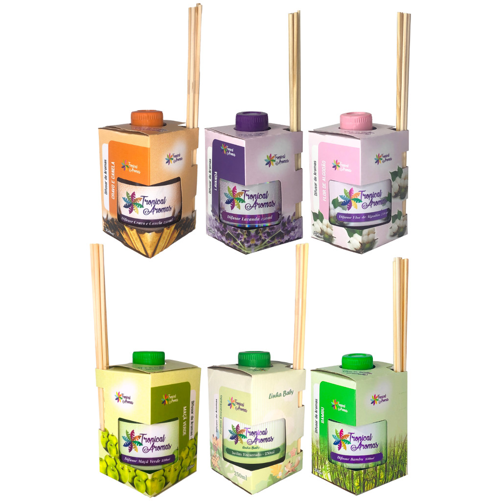 Kit Difusor de Ambientes Cravo e Canela Lavanda Flor Algodão Maçã Verde Jardim Encantado Bambu 250ml em Oferta na Shopee