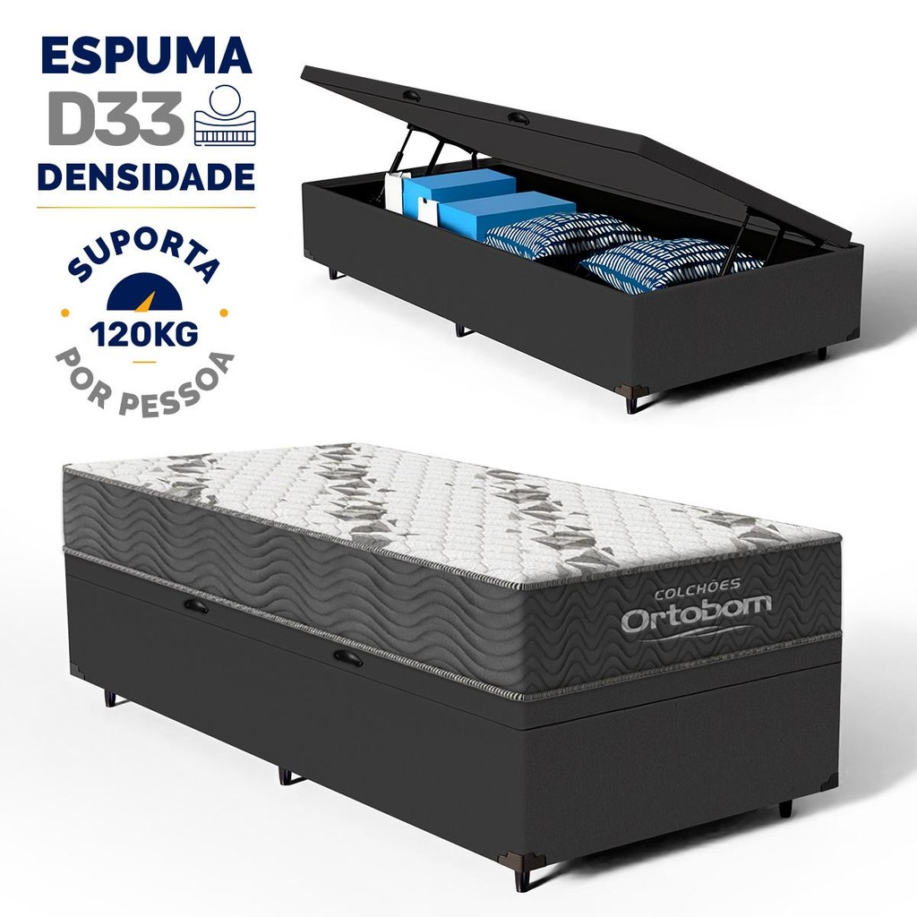 Cama Box Baú com Colchão de Espuma D33 Ortobom Airtech 100 Solteiro 88cm em Oferta na Shopee