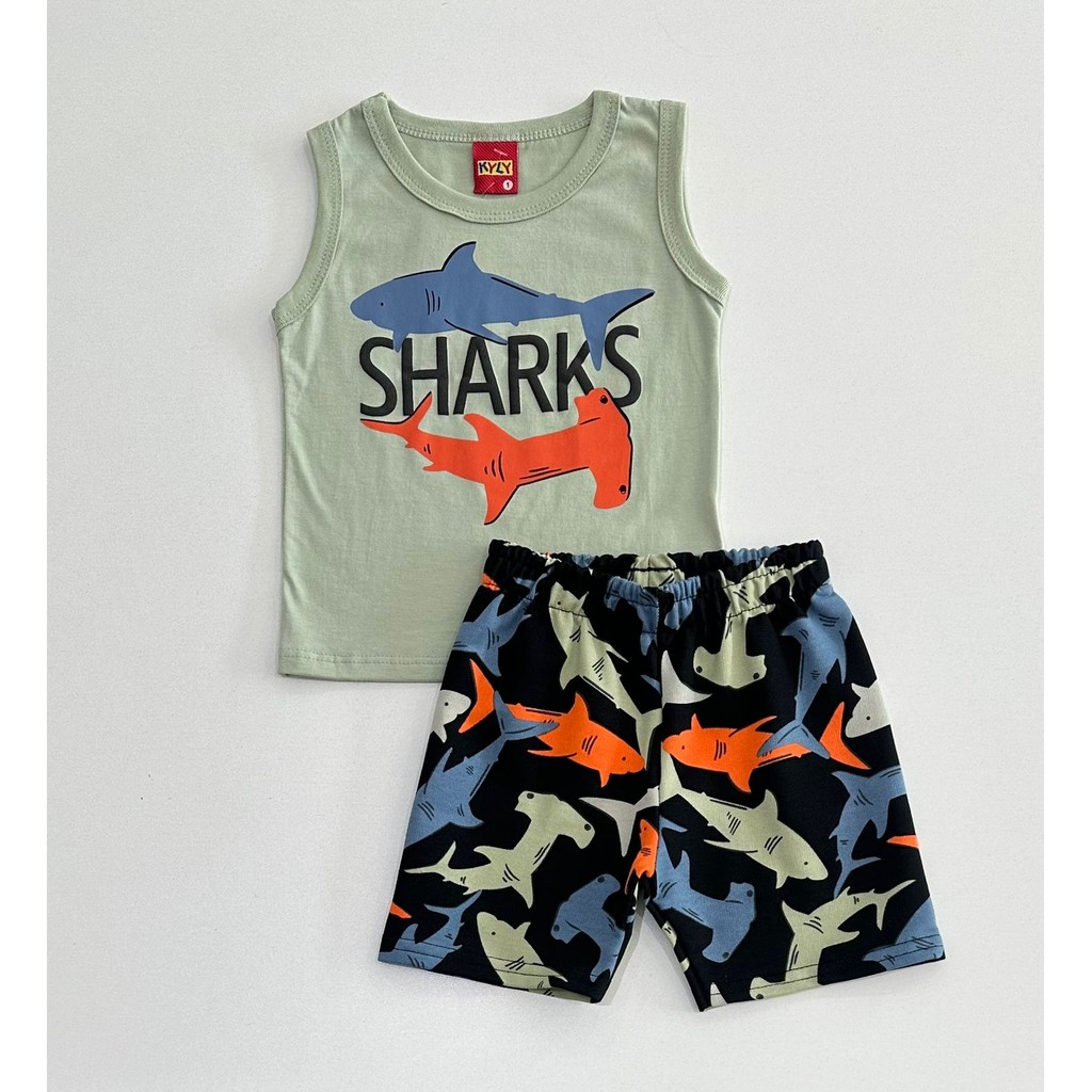 Conjunto Kyly Infantil Verde Regata Tubarões e Bermuda Listrada